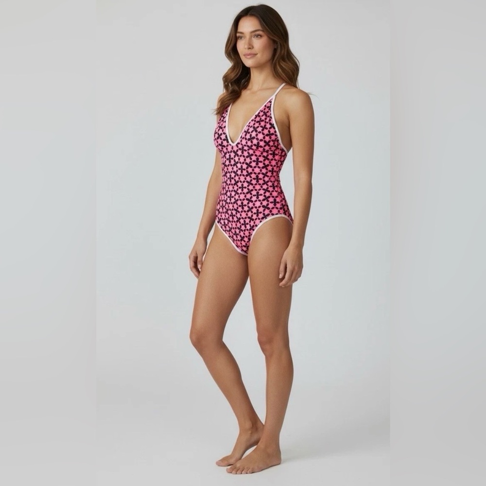 Aerie Deep Plunge One Piece Swimsuit Pink Navy Star Bathing Suit